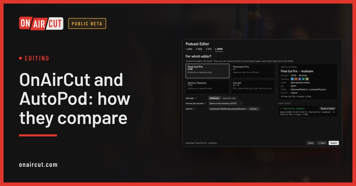 OnAirCut’s export, ready to open in Final Cut Pro, Premiere Pro or DaVinci Resolve