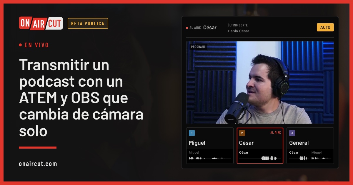 La ventana en vivo de OnAirCut: el programa del ATEM, un monitor por cámara y los medidores de los micros