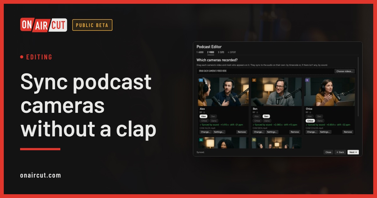 Five cameras synced by sound in the Podcast Editor