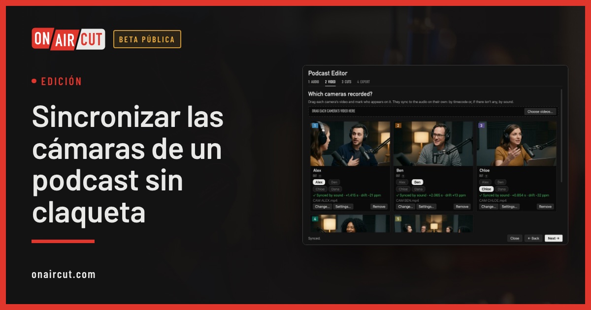 Cinco cámaras sincronizadas por sonido en el Podcast Editor